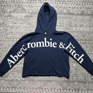 Abercrombie & Fitch Womens Logo Spell Out Cropped Hoodie Large Navy Blue READ